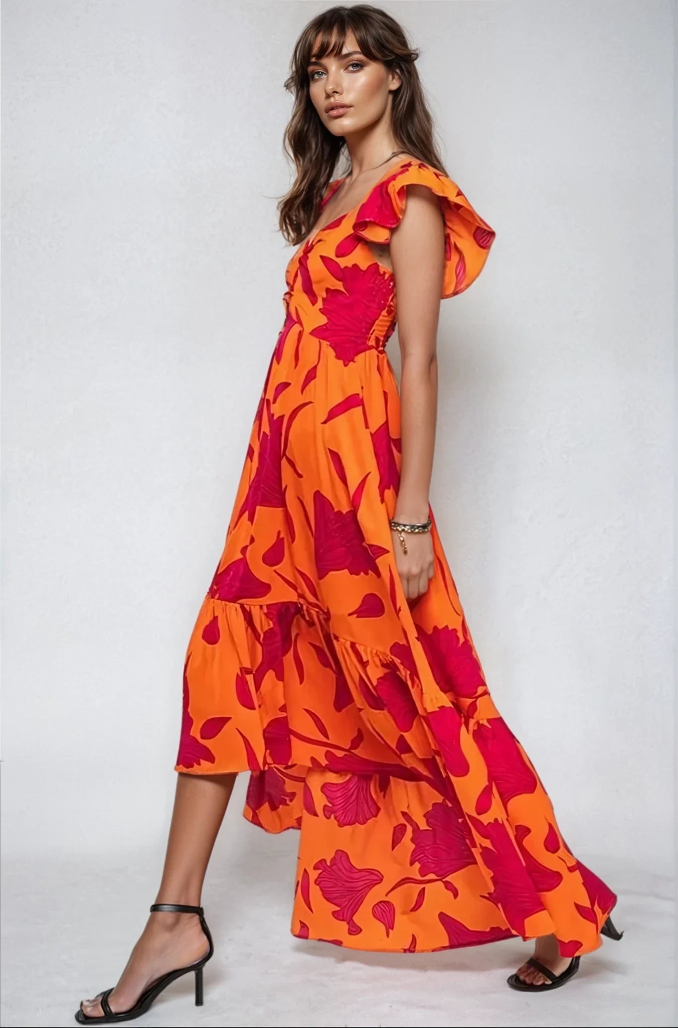 Vibrant Fire Floral High Low Maxi Dress Fitkitty Culture Athleisure Wear, Yoga Wear & Women's Clothing