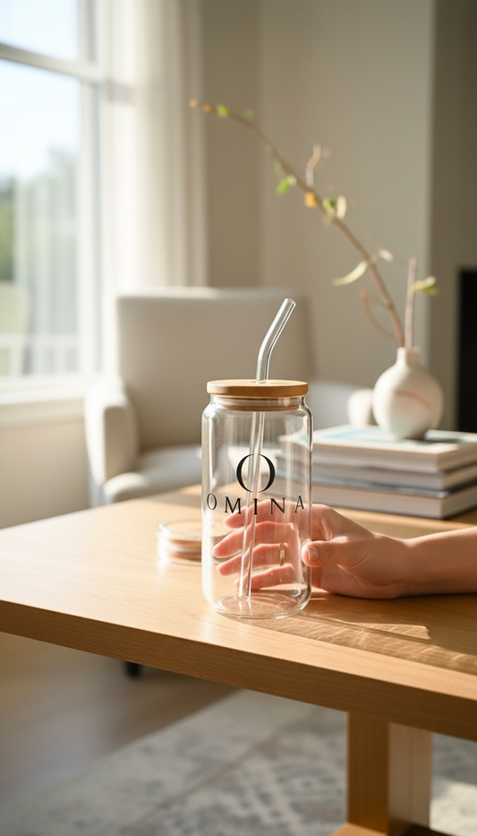 OMINA Glass Cup with Bamboo Lid & Glass Straw Omina