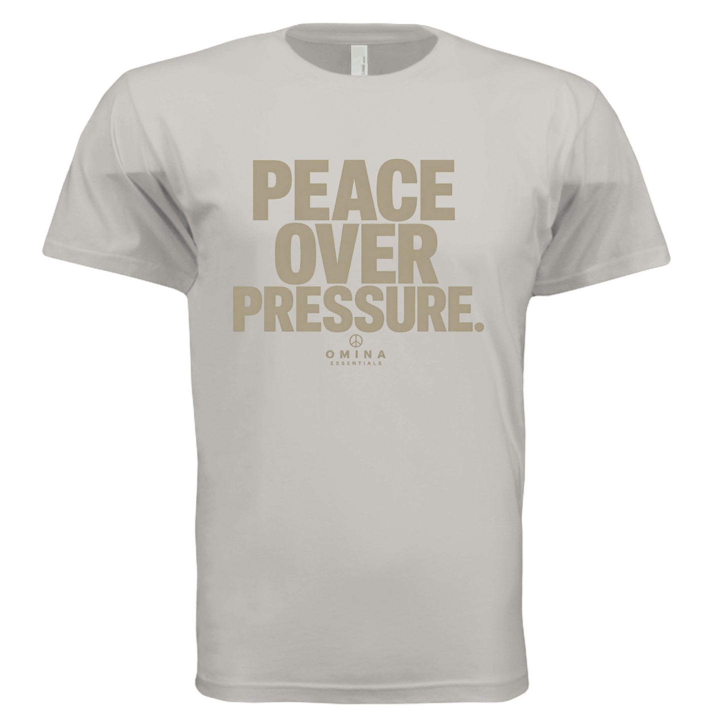 Omina heavyweight beige cotton t-shirt featuring the text PEACE OVER PRESSURE in a minimalist graphic design.
