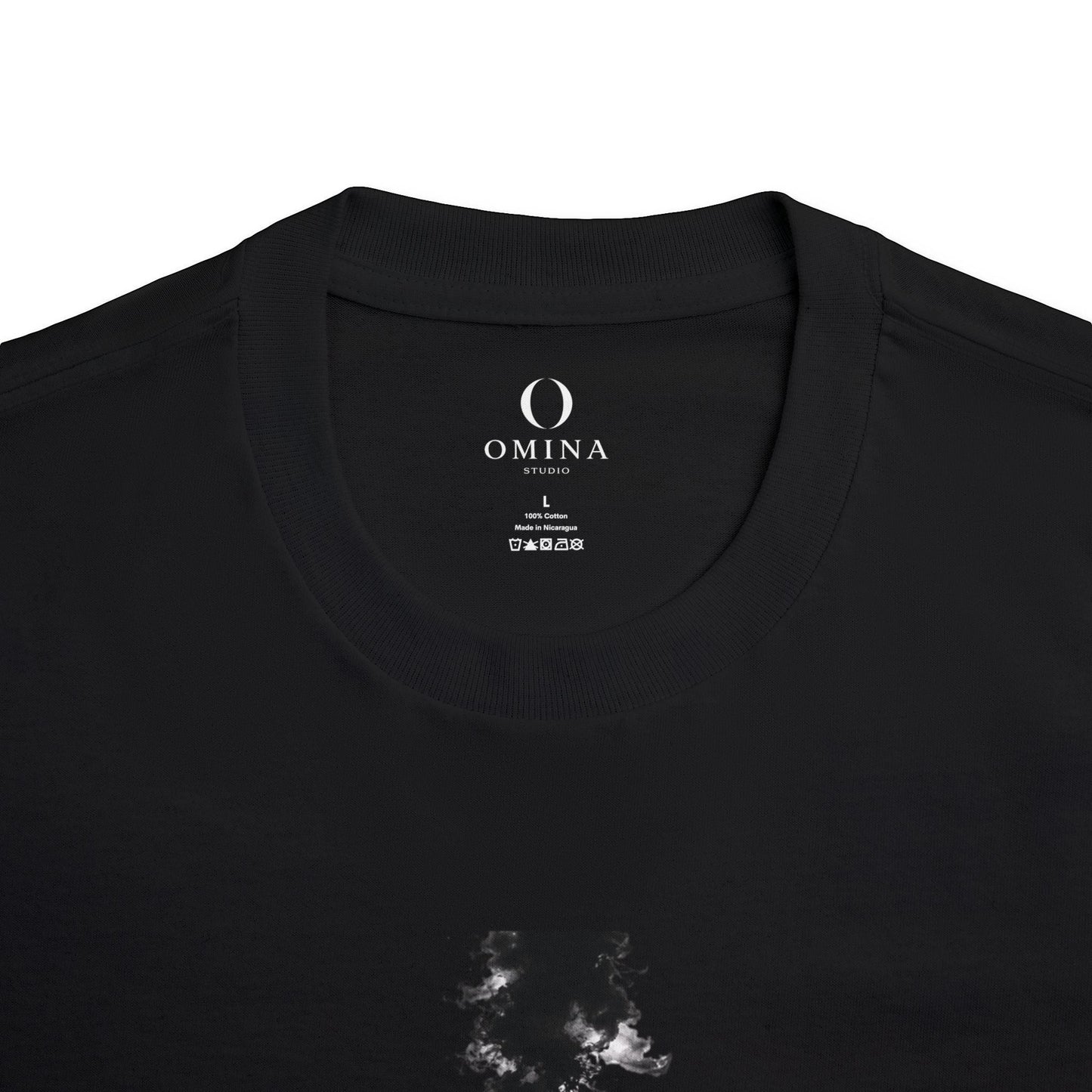 Omina black cotton t-shirt with ribbed collar and printed inner neck label featuring brand logo and care details.
