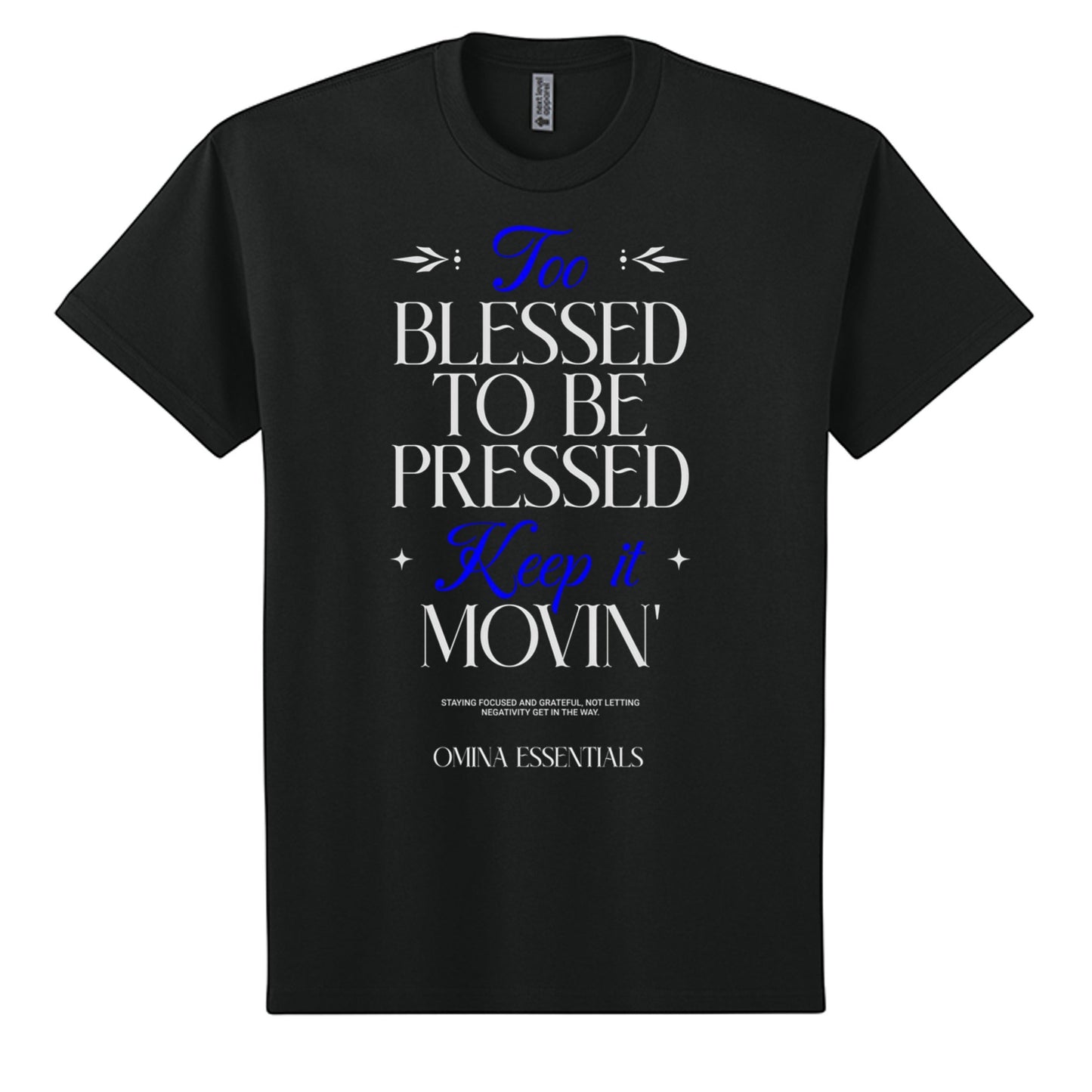 Omina Blessed, Not Pressed black heavyweight cotton t-shirt with white and blue graphic text print