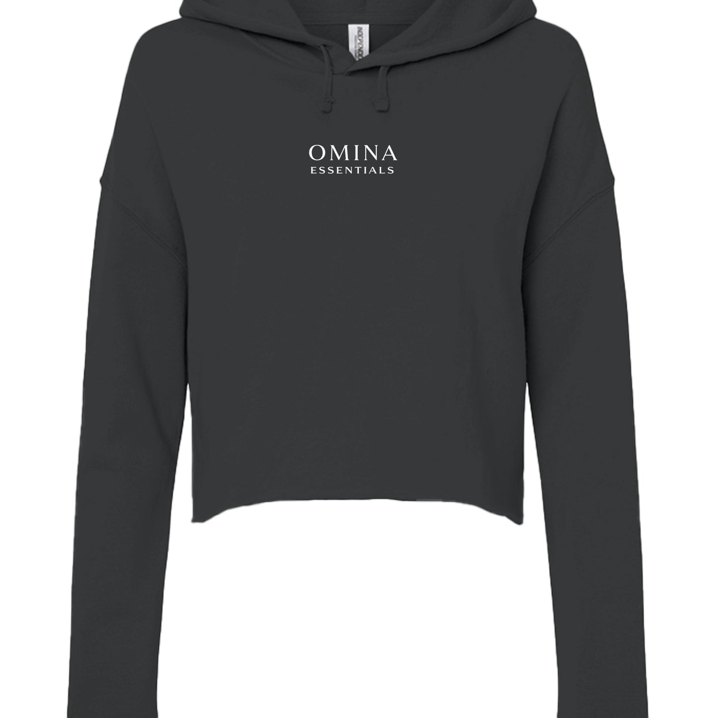 Omina Essentials black cropped hoodie with long sleeves, a flat drawcord hood, and white brand logo on the chest.