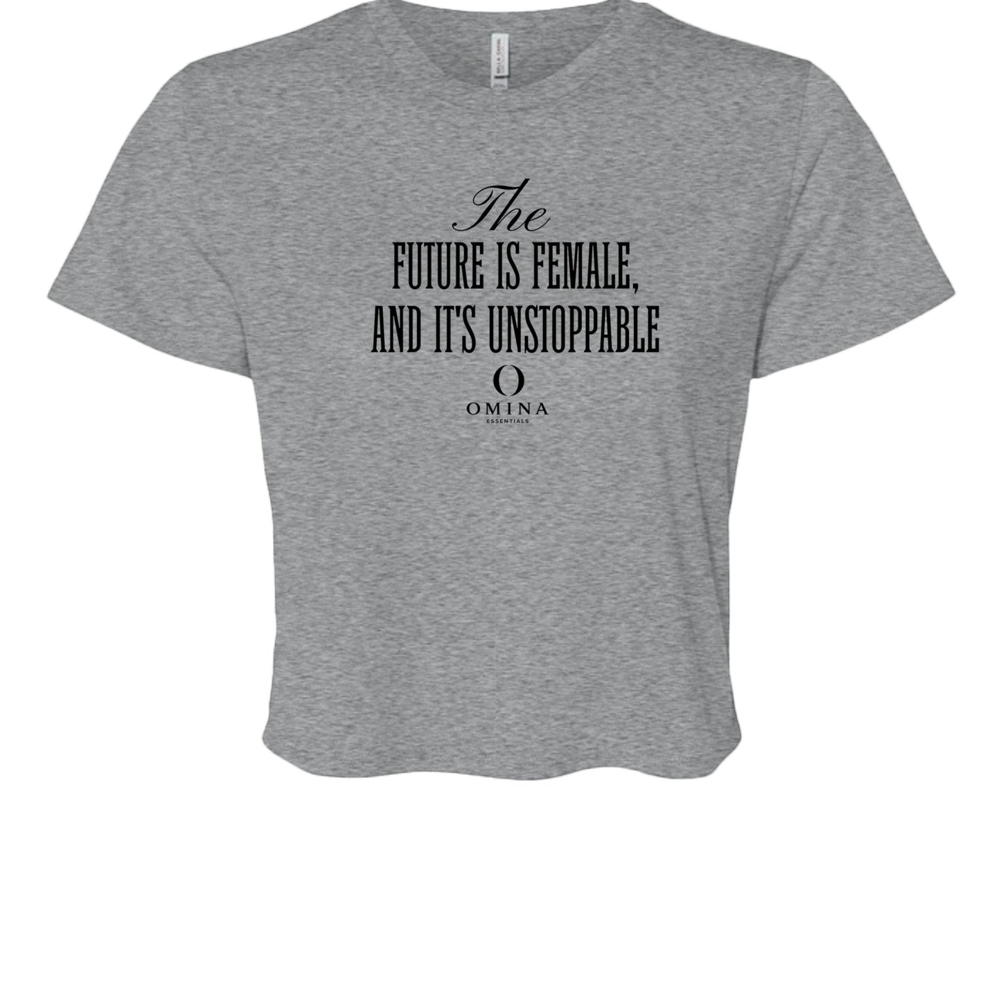Omina Essentials grey cropped t-shirt with black Future Is Female text graphic and relaxed flowy fit