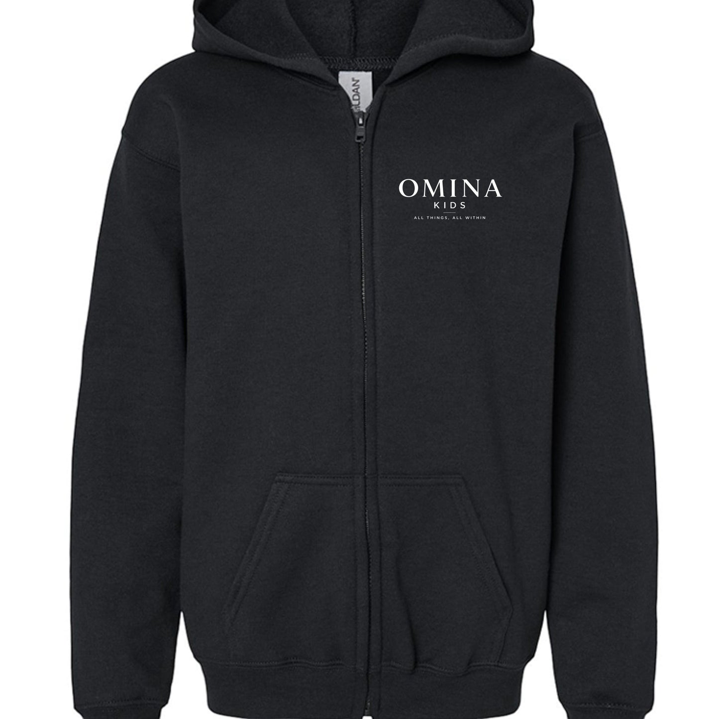 Omina Kids black full zip hoodie with minimalist chest logo and "Future In Motion" graphic on back. Relaxed fit, midweight cotton blend.