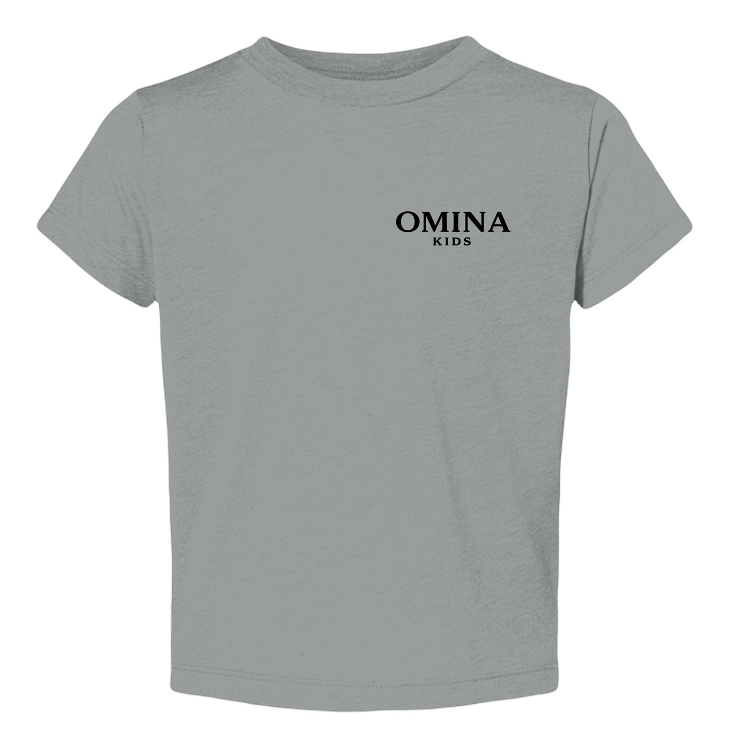 Omina Kids grey triblend toddler tee with "SMALL HUMAN. BIG ENERGY." graphic on chest. Modern fit.
