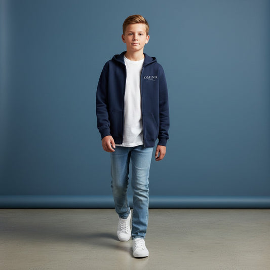 Omina Kids navy blue full zip hoodie with front pockets and minimalist chest logo. Future In Motion graphic on back.