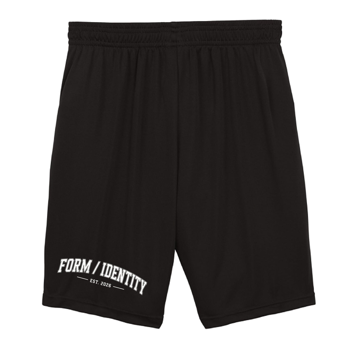 Omina Kids Youth black shorts with elastic waistband and white 'FORM / IDENTITY EST. 2026' graphic.
