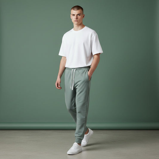 Omina men's grey tapered leg joggers made from polyester and spandex blend with a drawstring waist.