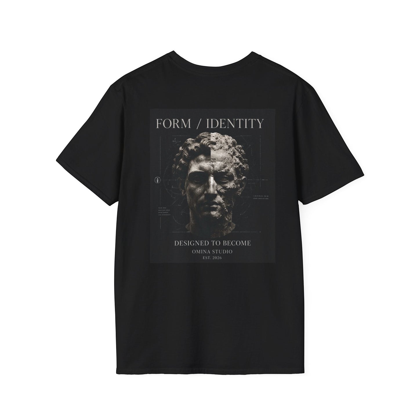 Omina black cotton t-shirt featuring a back graphic of a classical statue bust with Form Identity text.