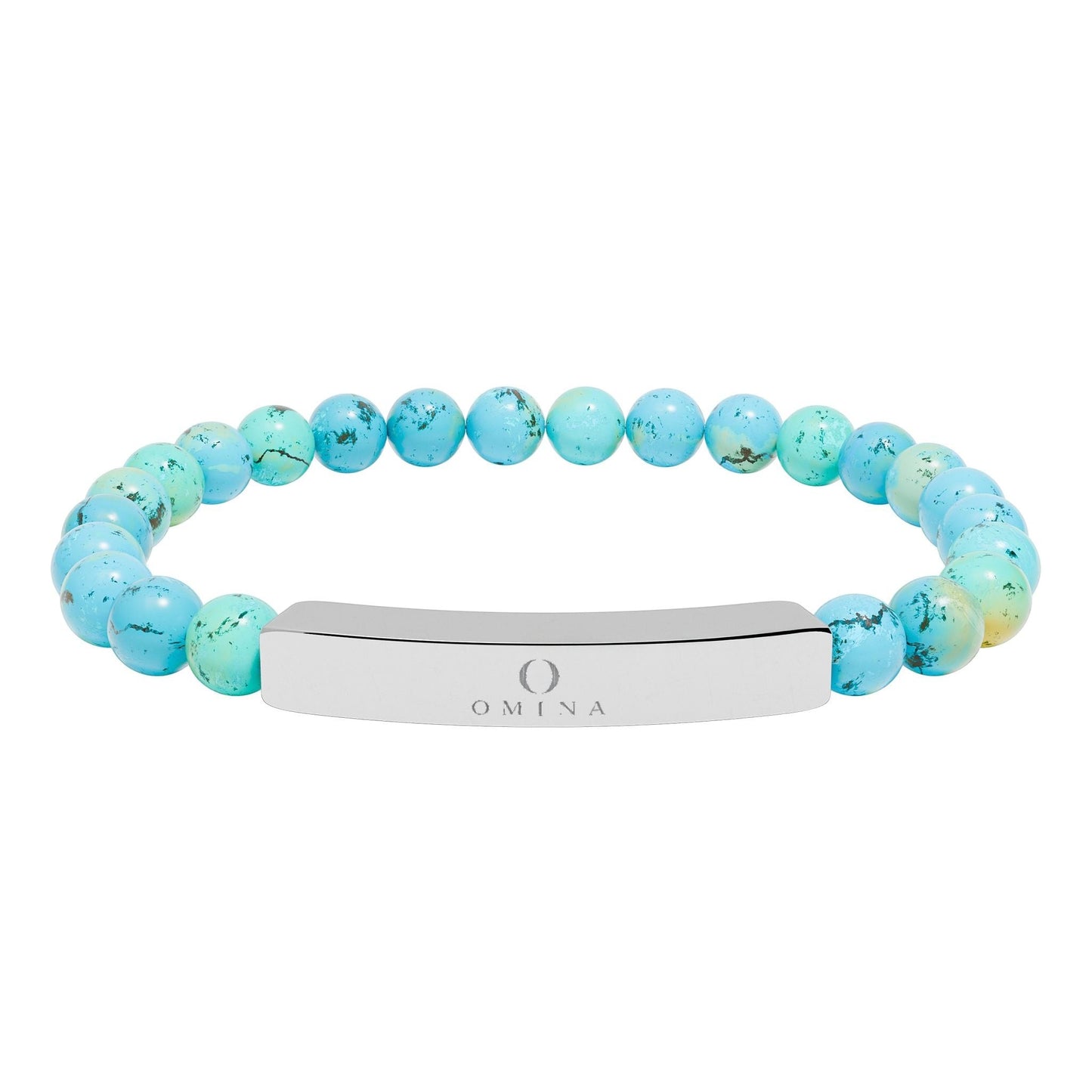 Omina stretch bracelet with turquoise natural stone beads and a polished stainless steel engraved bar.