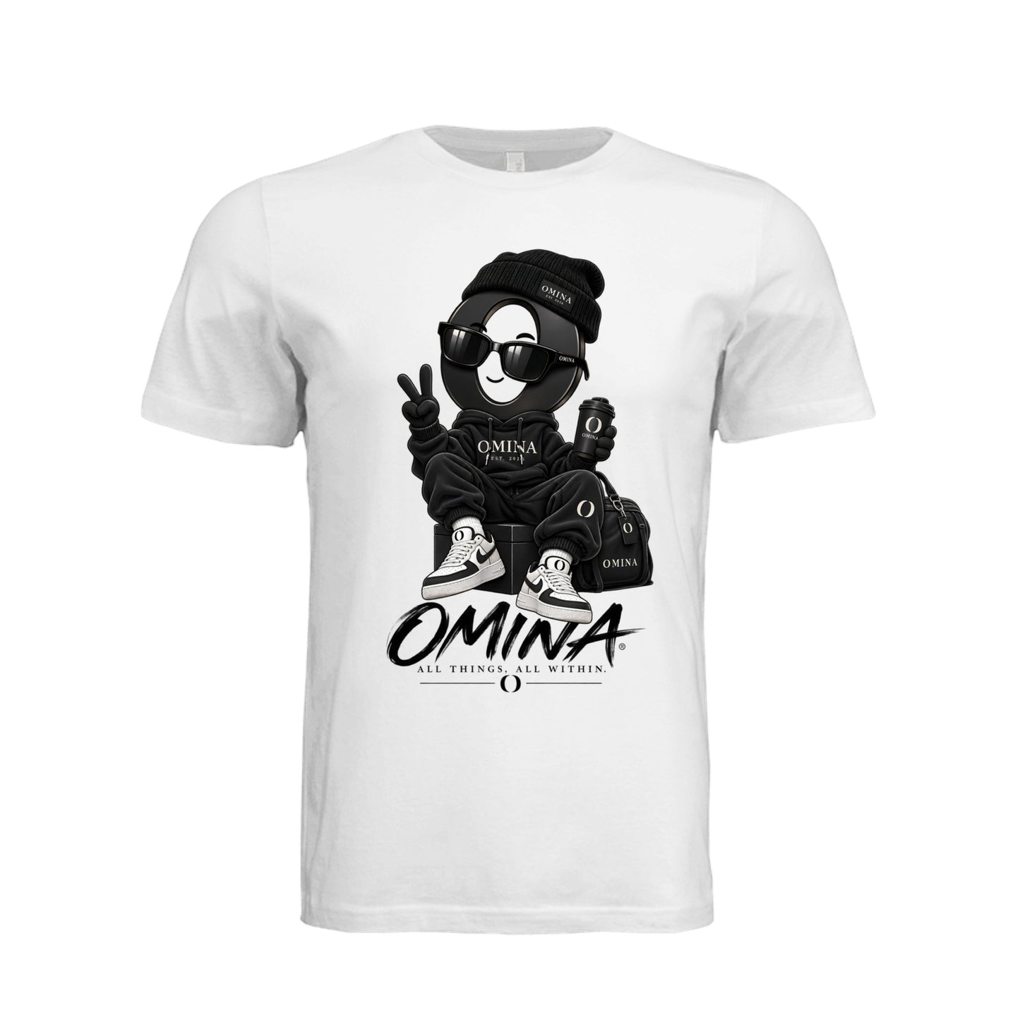 Omina O Urban T-Shirt in white cotton featuring a graphic of a stylized character with OMINA branding and logo.