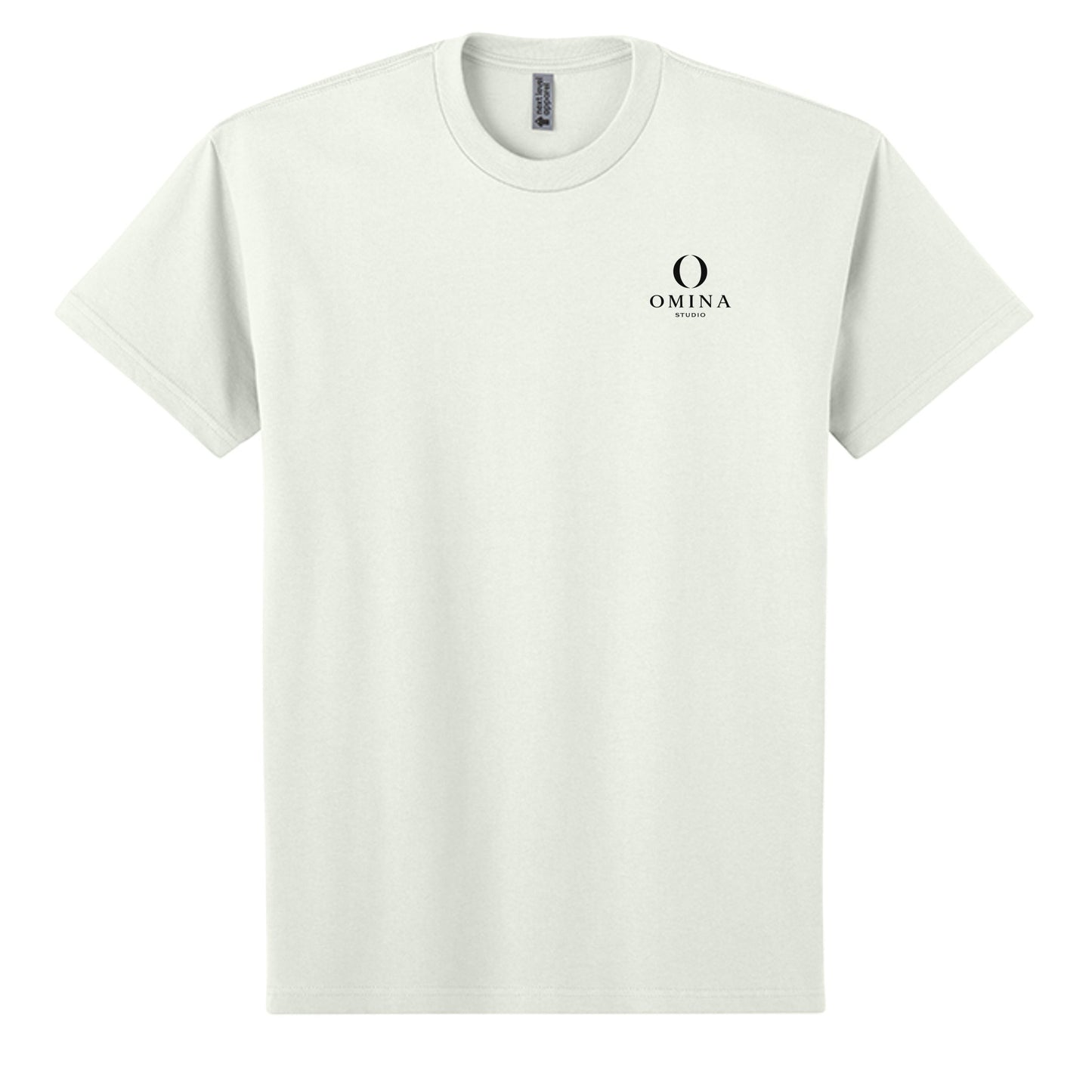 Omina heavyweight off-white cotton t-shirt featuring a small black Omina Studio logo on the chest