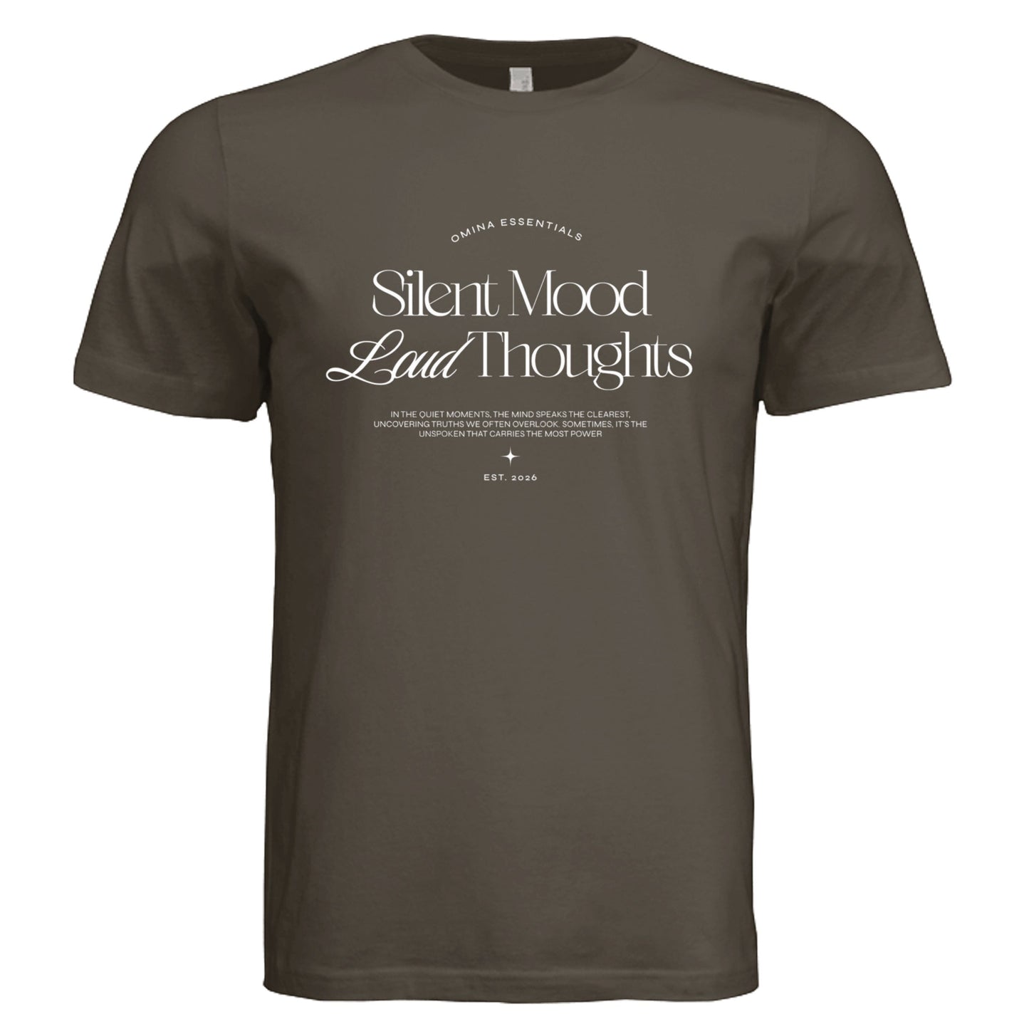Omina Silent Mood unisex jersey tee in dark olive green with white minimalist graphic print on the chest.