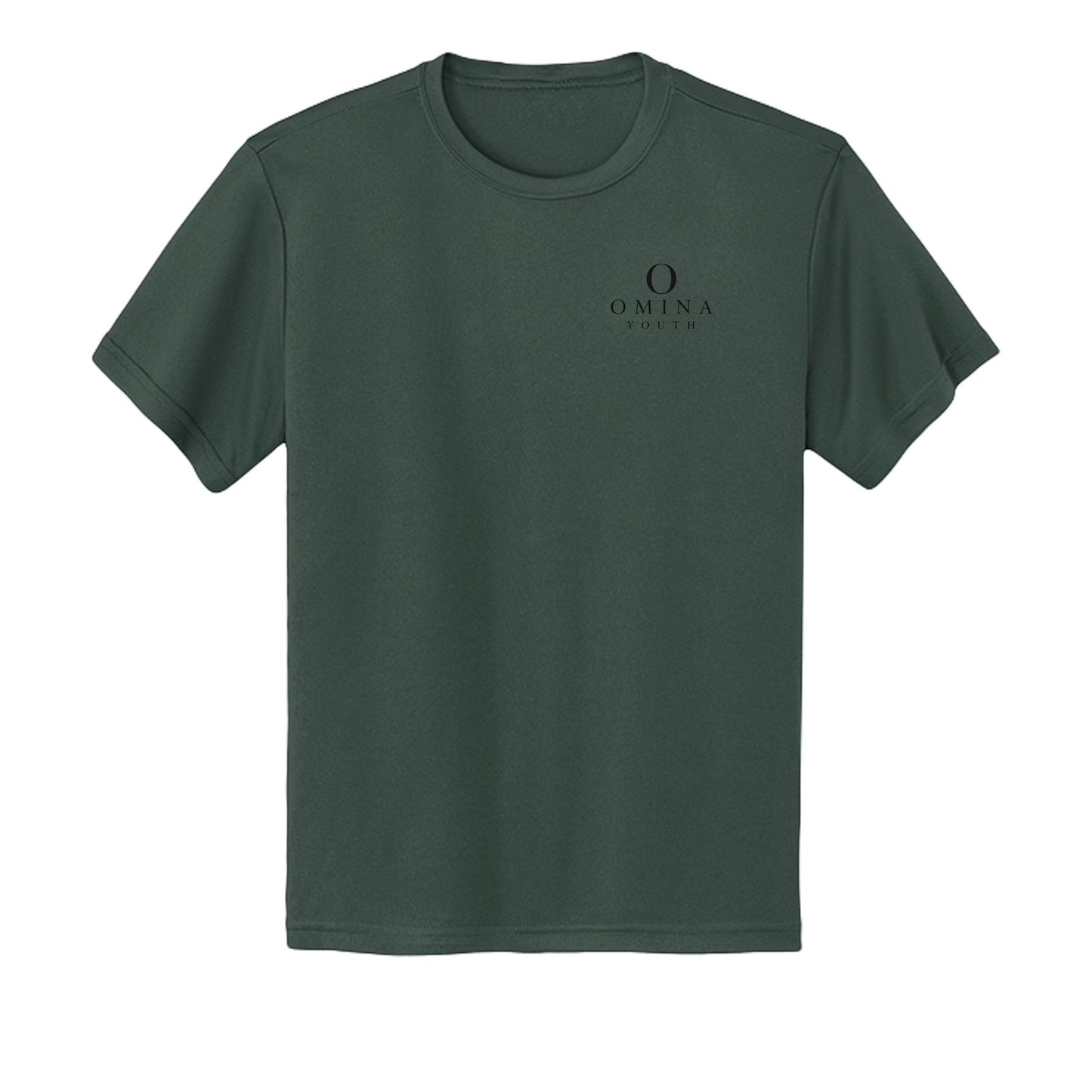 Omina Youth dark green moisture-wicking performance t-shirt with small black logo on the chest