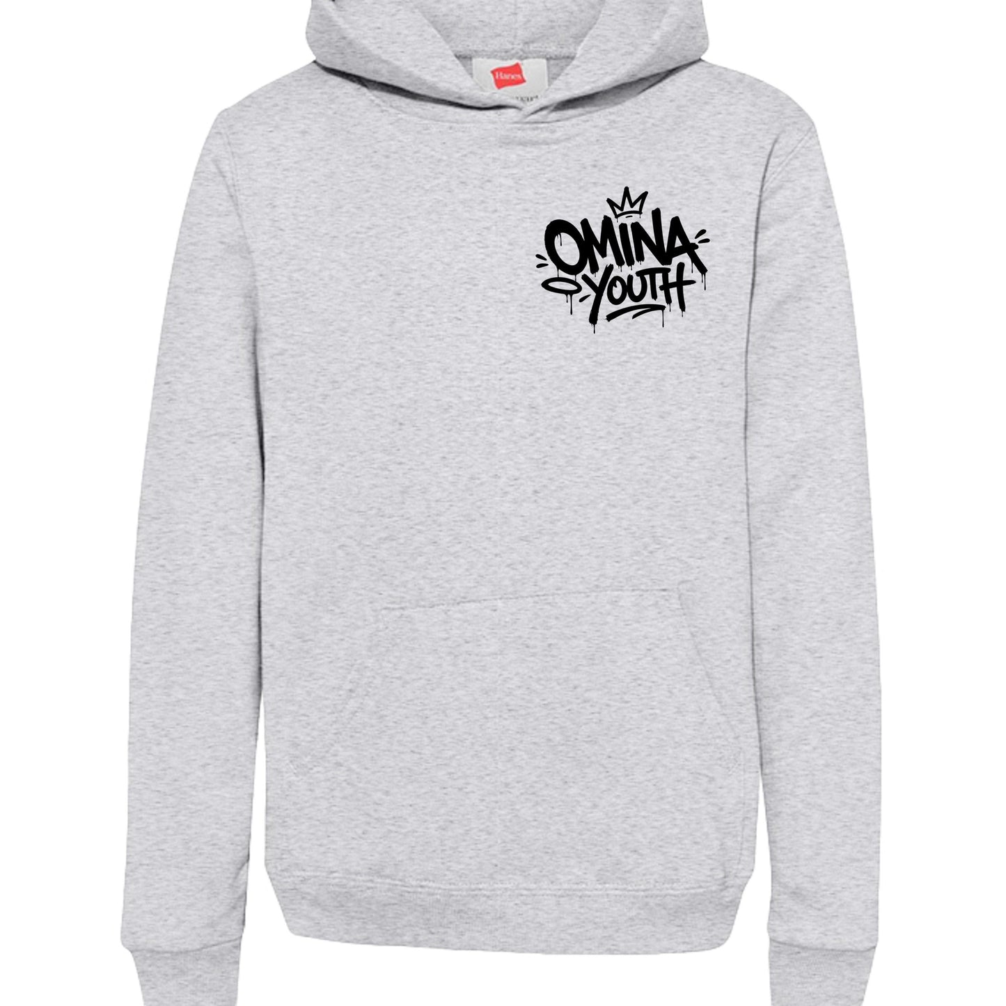 Omina grey heather heavyweight cotton blend youth hoodie with black graffiti logo on chest. Relaxed fit.