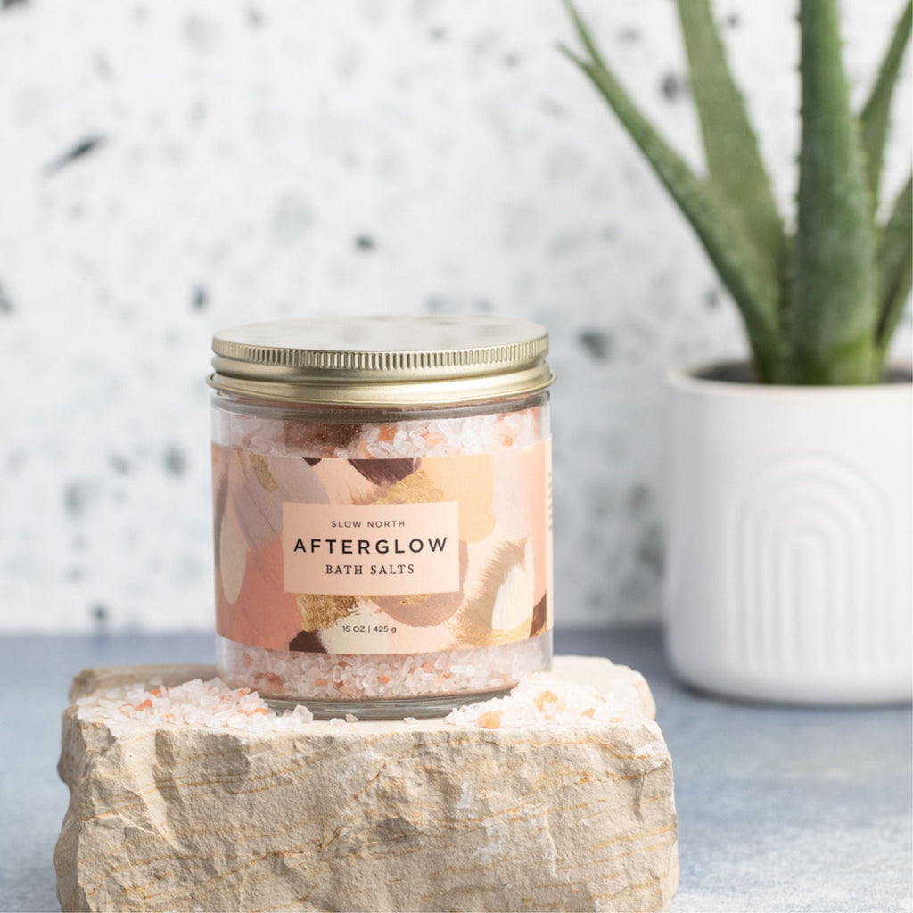 Slow North Afterglow Bath Salts in 15 oz jar, featuring natural body care products with soothing mineral-rich salts.