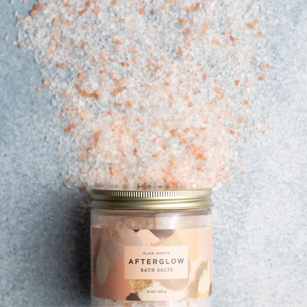 Slow North Afterglow Bath Salts in a 15 oz jar, showcasing relaxing body care with natural mineral-rich salts.