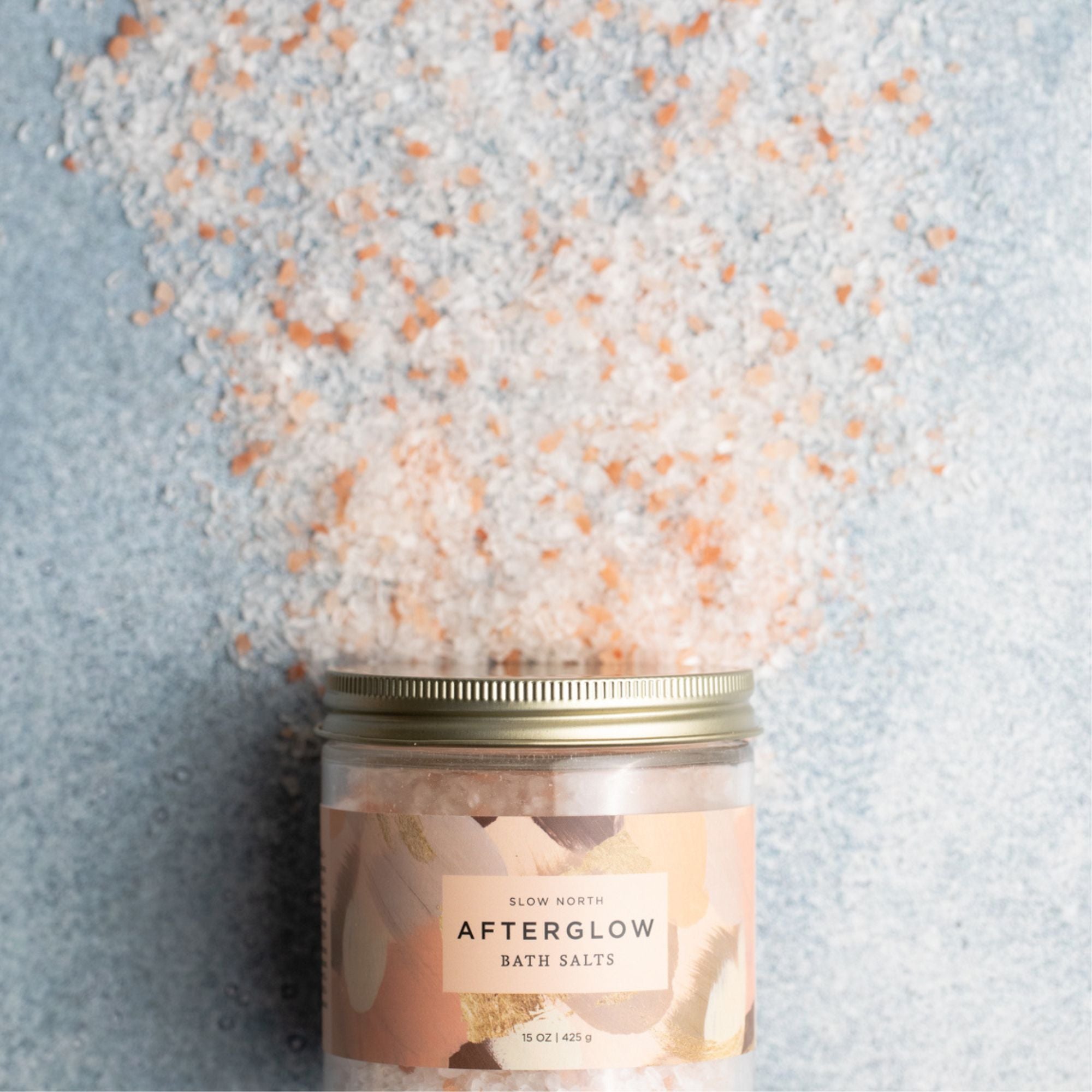 Slow North Afterglow Bath Salts in a 15 oz jar, showcasing relaxing body care with natural mineral-rich salts.