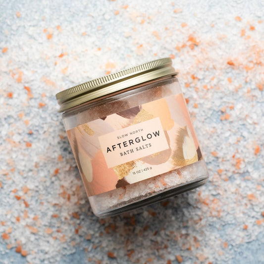 Slow North Afterglow Bath Salts in 15 oz jar, relaxing body care with natural mineral-rich salts for soothing bath experience.