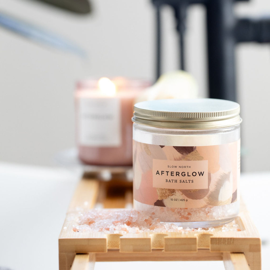 Slow North Afterglow Bath Salts in 15 oz jar, showcasing natural body care with colorful, aromatic salt crystals.