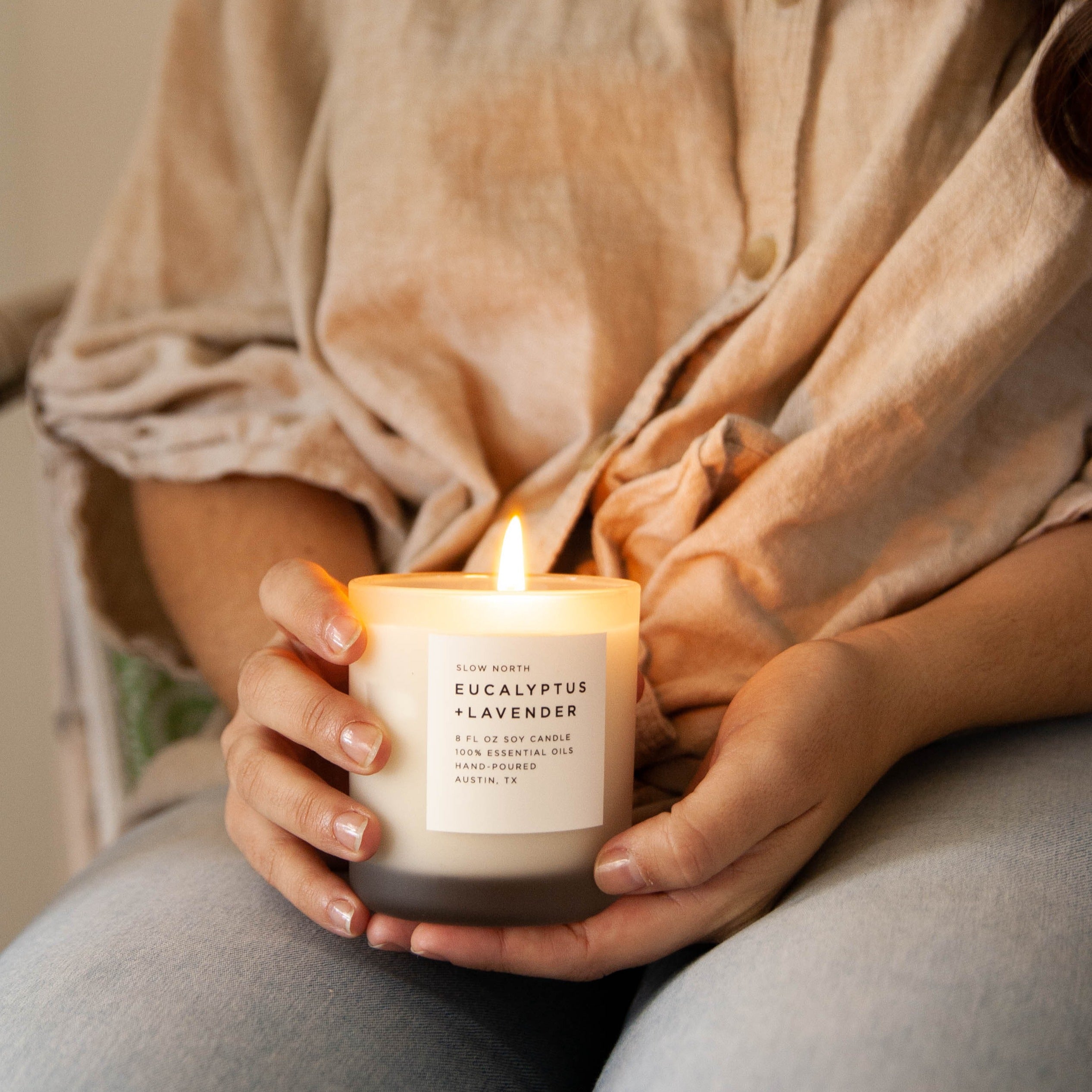 Frosted soy candle with eucalyptus and lavender scent by Slow North, 8oz size, in a glass jar.