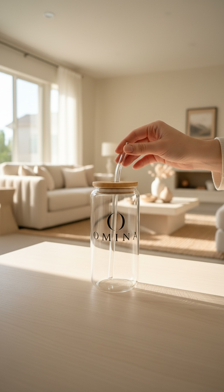 OMINA Glass Cup with Bamboo Lid & Glass Straw Omina