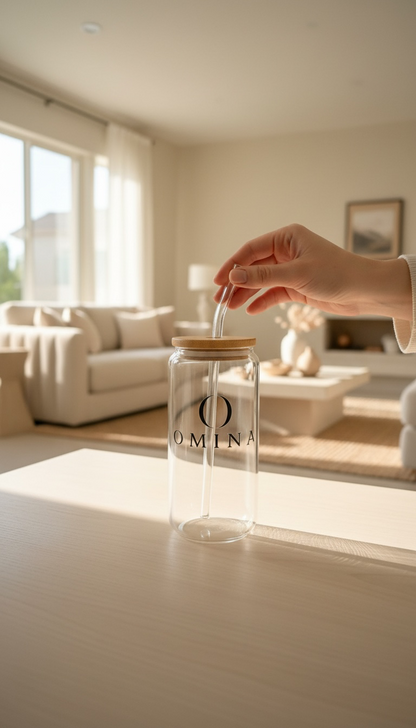 OMINA Glass Cup with Bamboo Lid & Glass Straw Omina