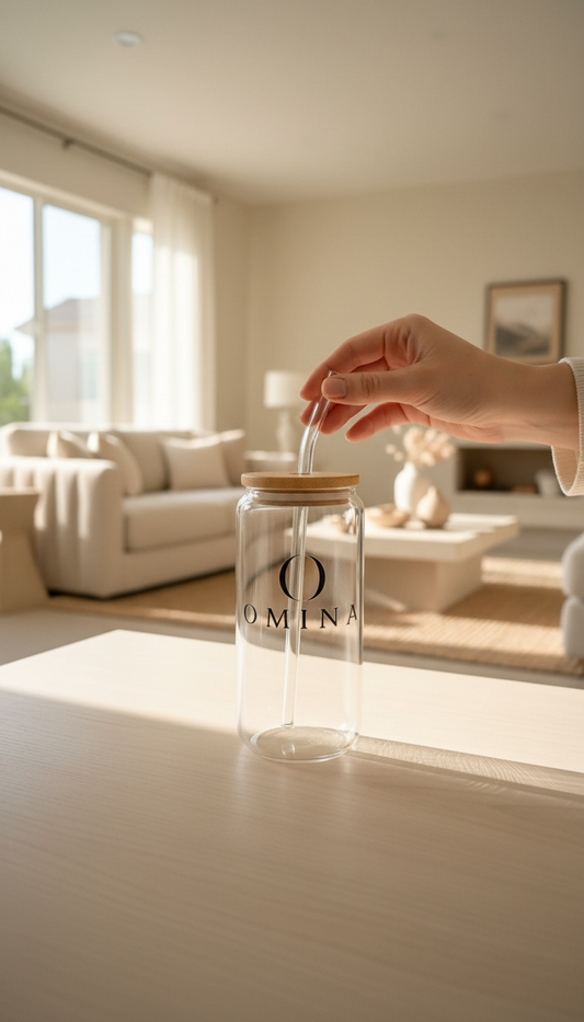 OMINA Glass Cup with Bamboo Lid & Glass Straw Omina