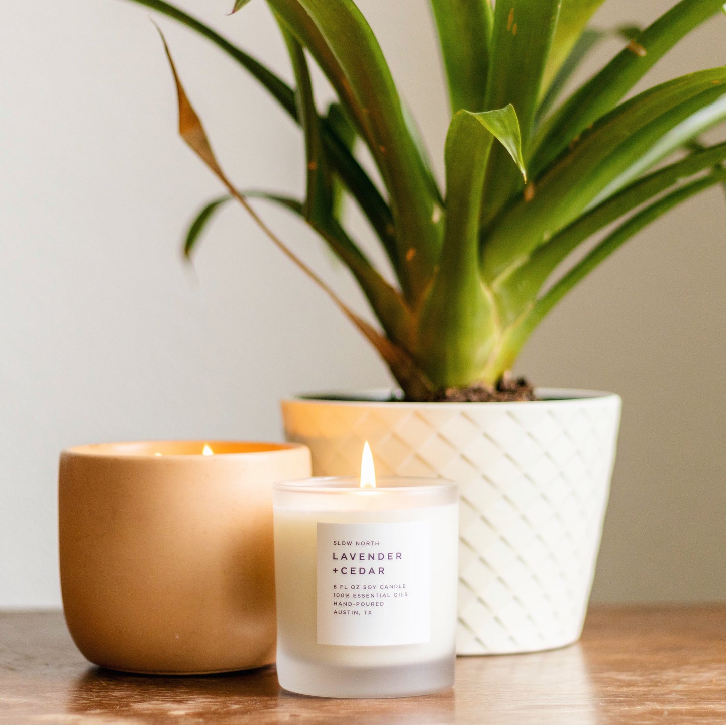 Frosted candle with lavender and cedar scent in 8oz size by Slow North, featuring a sleek frosted glass container.