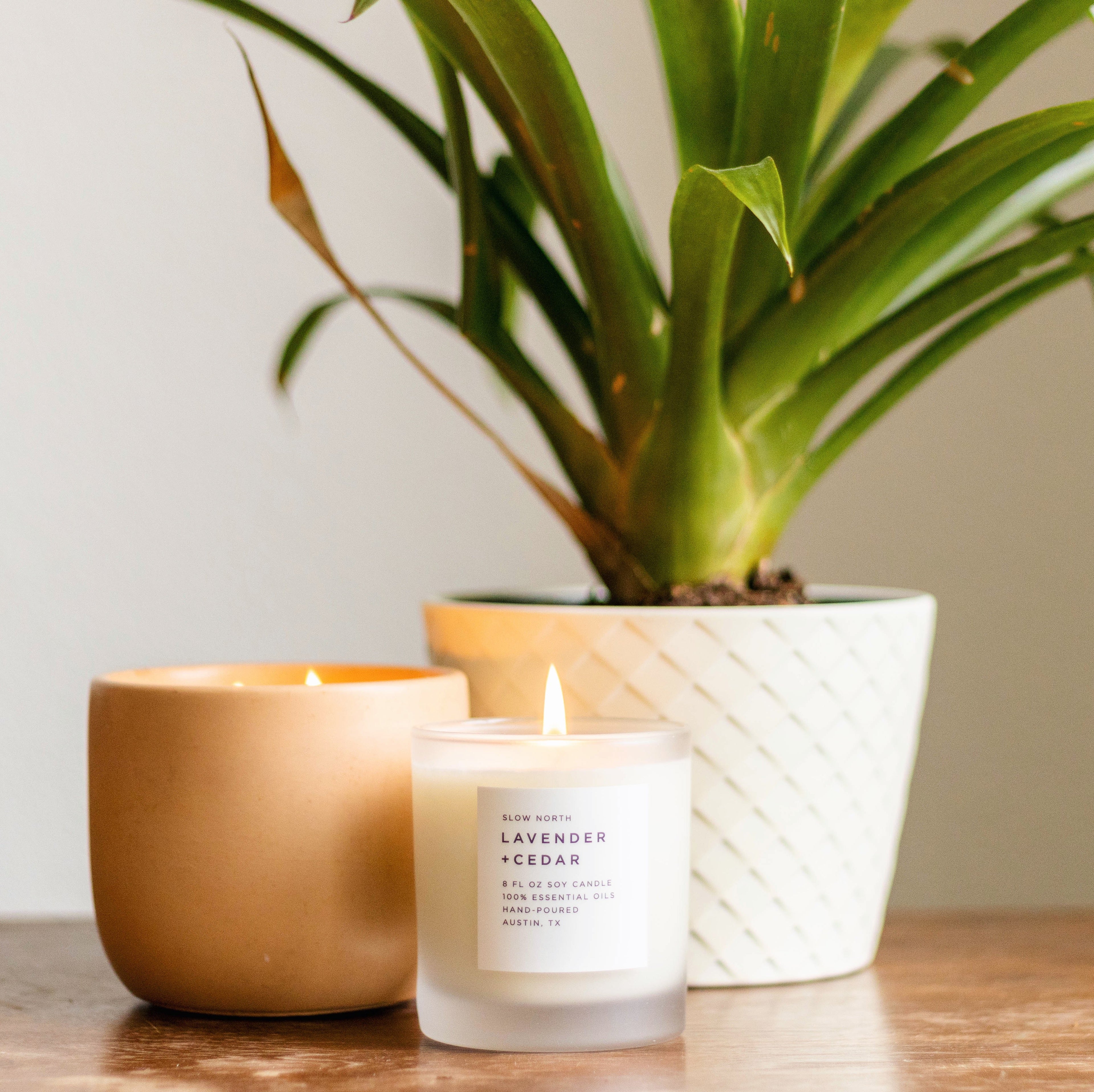 Frosted candle with lavender and cedar scent in 8oz size by Slow North, featuring a sleek frosted glass container.