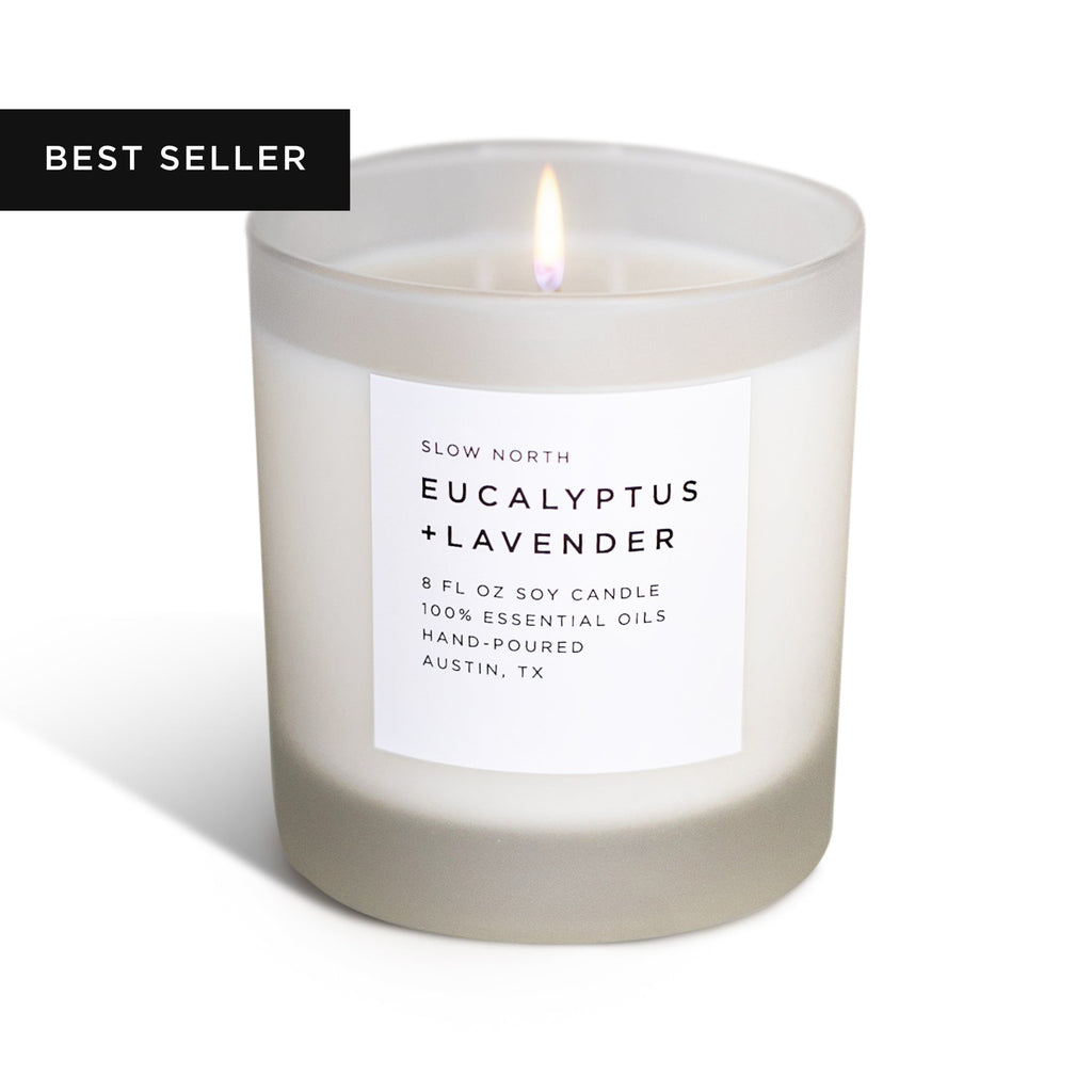 Frosted candle by Slow North with eucalyptus and lavender scent, featuring a natural soy wax candle in a frosted glass container.