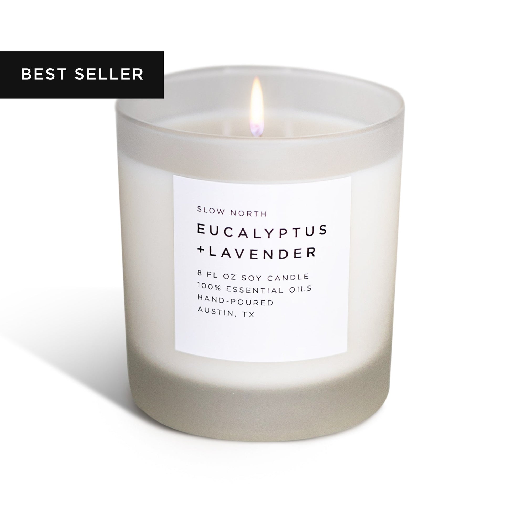 Frosted candle by Slow North with eucalyptus and lavender scent, featuring a natural soy wax candle in a frosted glass container.
