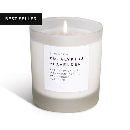 Frosted candle by Slow North with eucalyptus and lavender scent, featuring a natural soy wax candle in a frosted glass container.