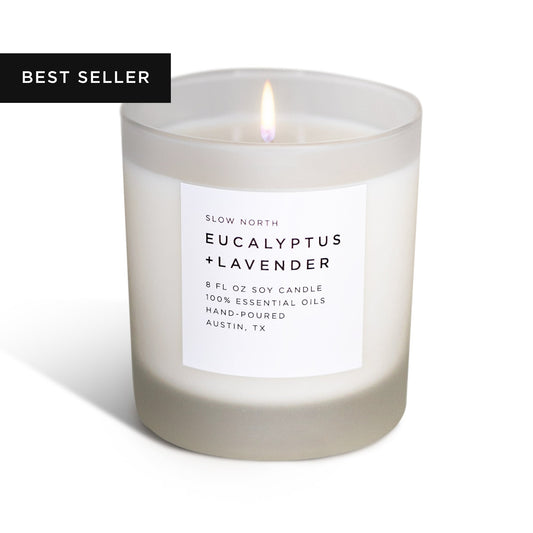 Frosted candle by Slow North with eucalyptus and lavender scent, featuring a natural soy wax candle in a frosted glass container.
