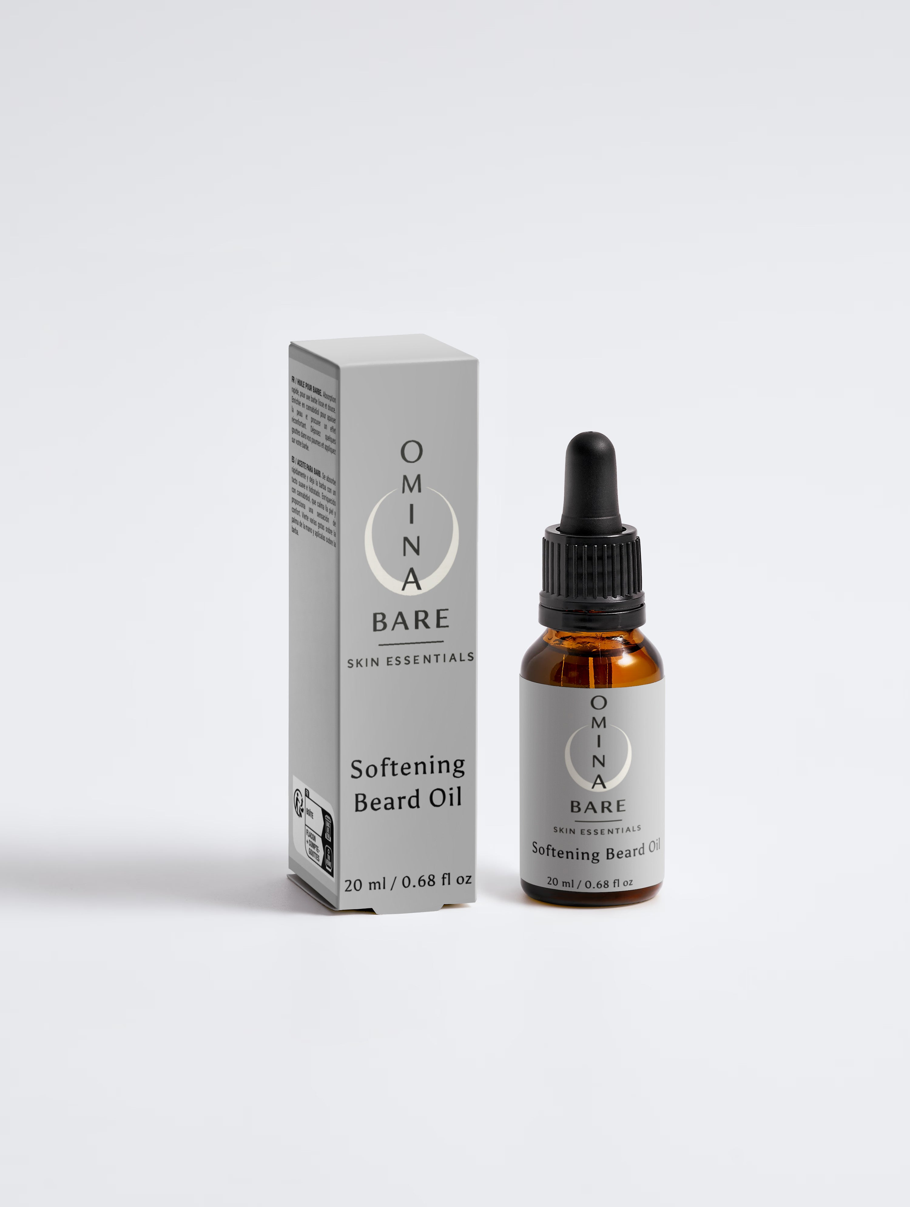 Omina Bare softening beard oil bottle and packaging on a white background
