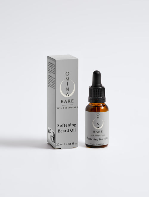 Omina Bare softening beard oil bottle and packaging on a white background