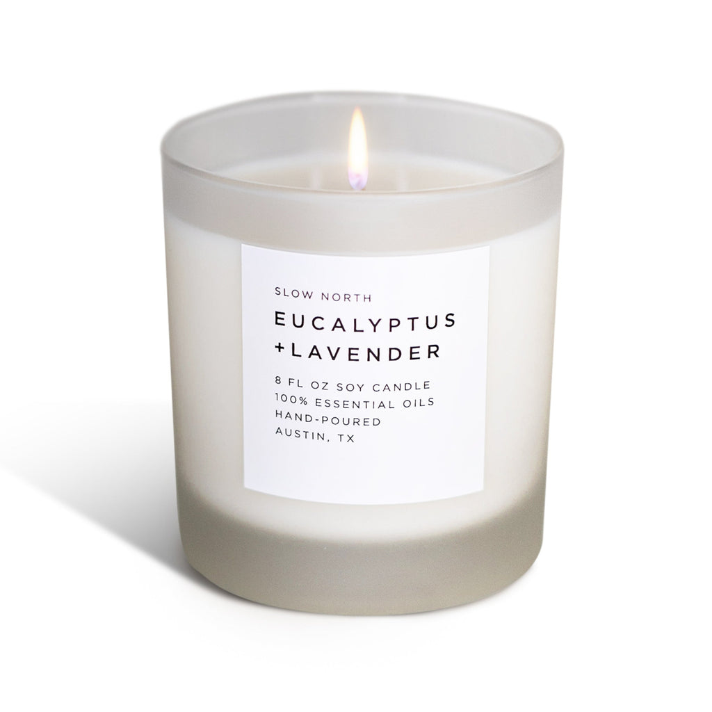 Frosted candle by Slow North featuring eucalyptus and lavender scents, showcasing a non-toxic soy candle with a frosted glass finish.
