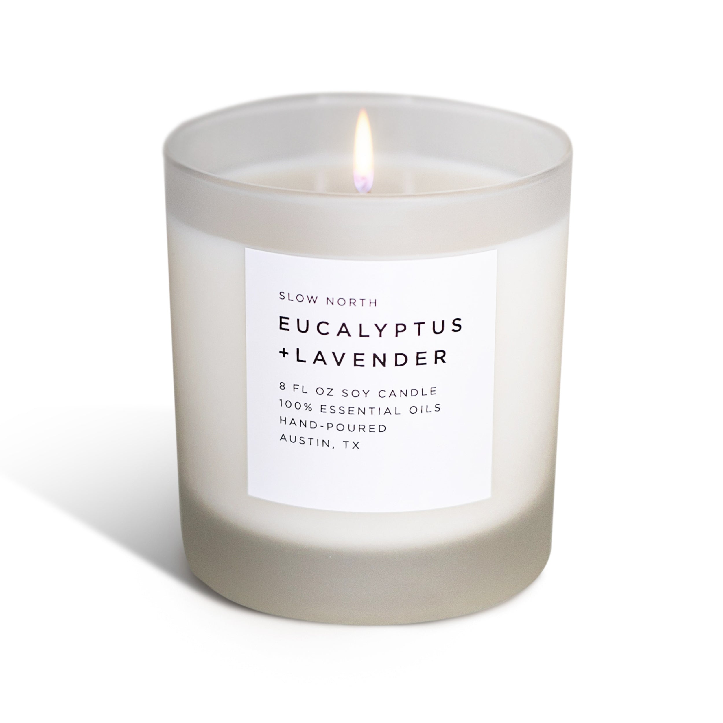Frosted candle by Slow North featuring eucalyptus and lavender scents, showcasing a non-toxic soy candle with a frosted glass finish.