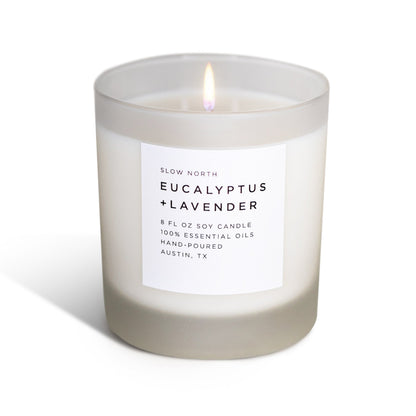 Frosted candle by Slow North featuring eucalyptus and lavender scents, showcasing a non-toxic soy candle with a frosted glass finish.