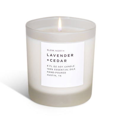 Frosted lavender and cedar scented candle by Slow North, showcasing the non-toxic Signature Candle in a frosted glass container.