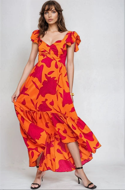 Vibrant Fire Floral High Low Maxi Dress Fitkitty Culture Athleisure Wear, Yoga Wear & Women's Clothing