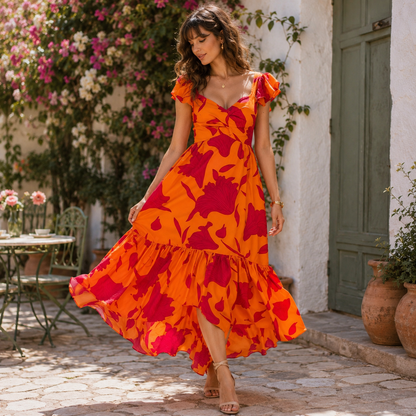 Vibrant Fire Floral High Low Maxi Dress Fitkitty Culture Athleisure Wear, Yoga Wear & Women's Clothing