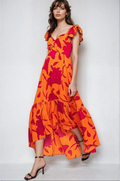 Vibrant Fire Floral High Low Maxi Dress Fitkitty Culture Athleisure Wear, Yoga Wear & Women's Clothing