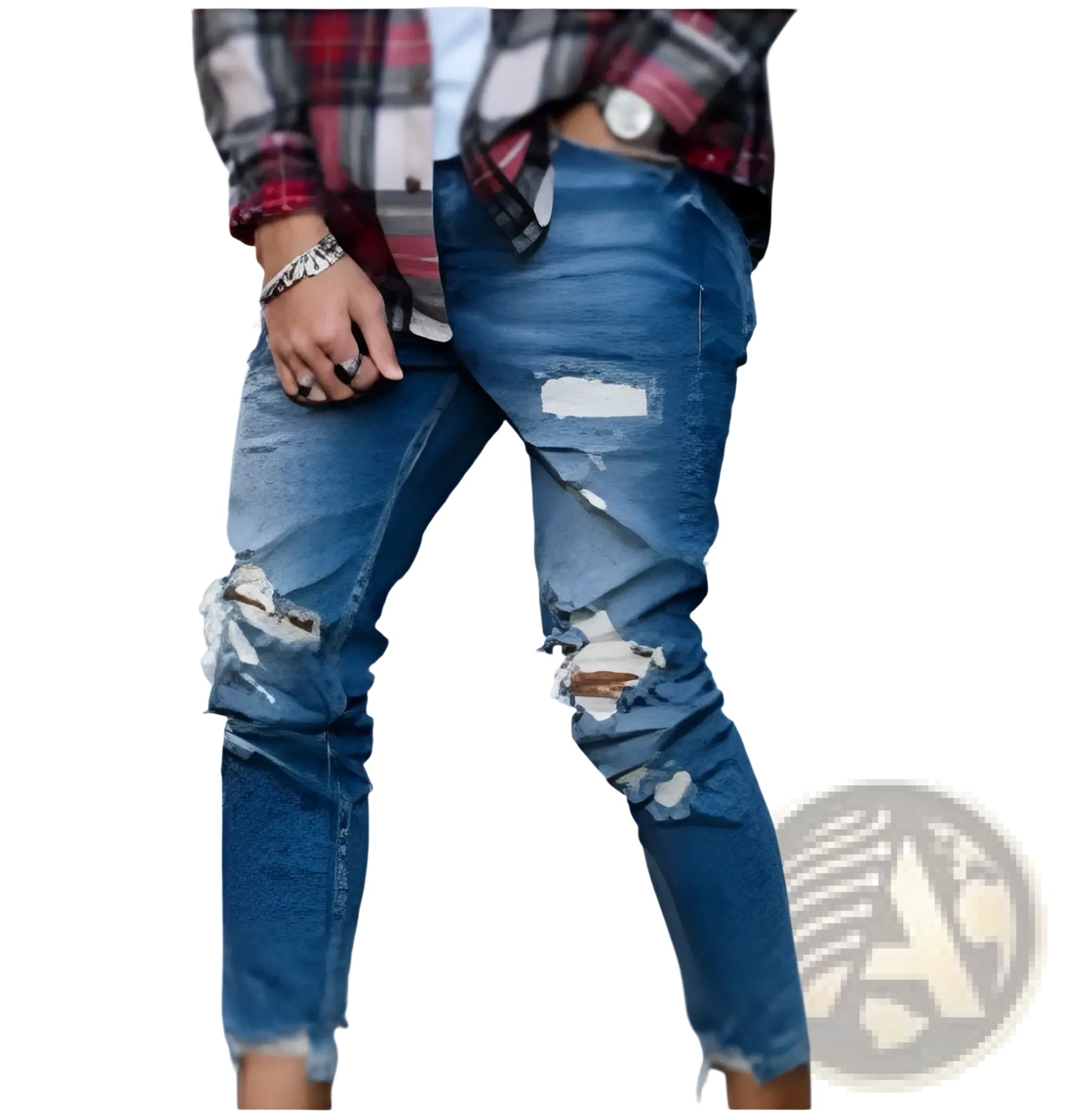 Men's Distressed Blue Denim Ripped Knee Jeans ARBA Global
