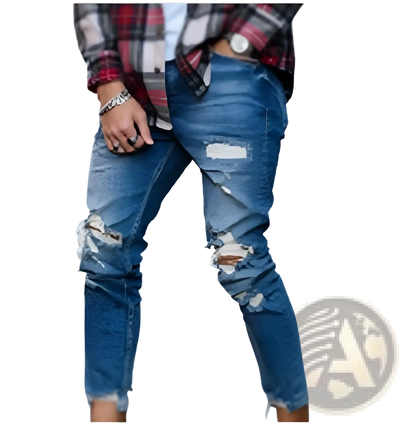 Men's Distressed Blue Denim Ripped Knee Jeans ARBA Global