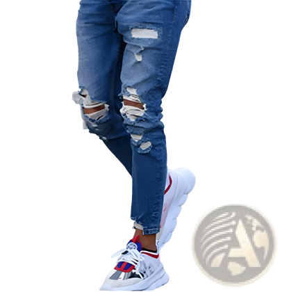Men's Distressed Blue Denim Ripped Knee Jeans ARBA Global