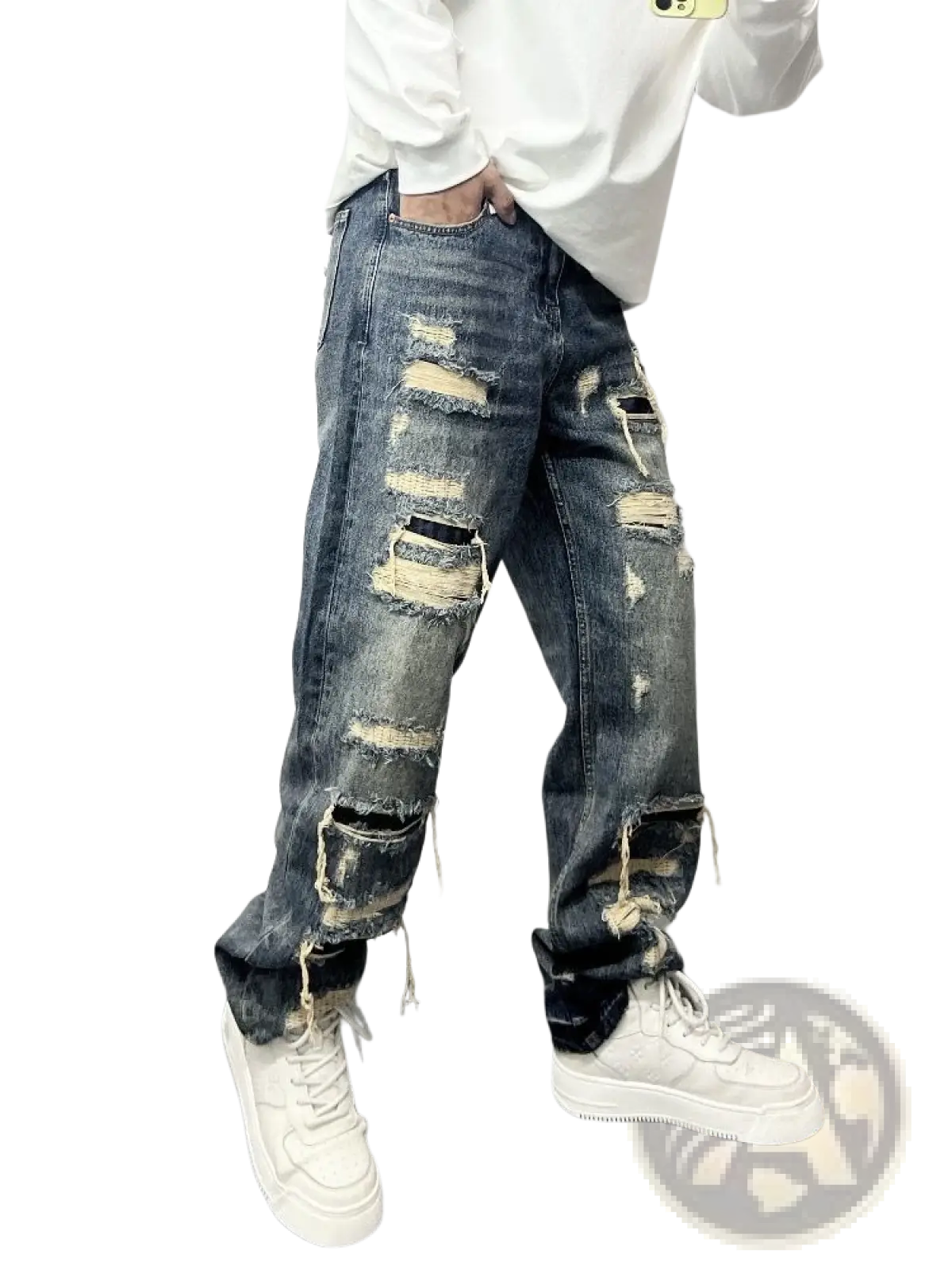 Men's Light Blue Distressed Ripped Patch Denim Jeans ARBA Global