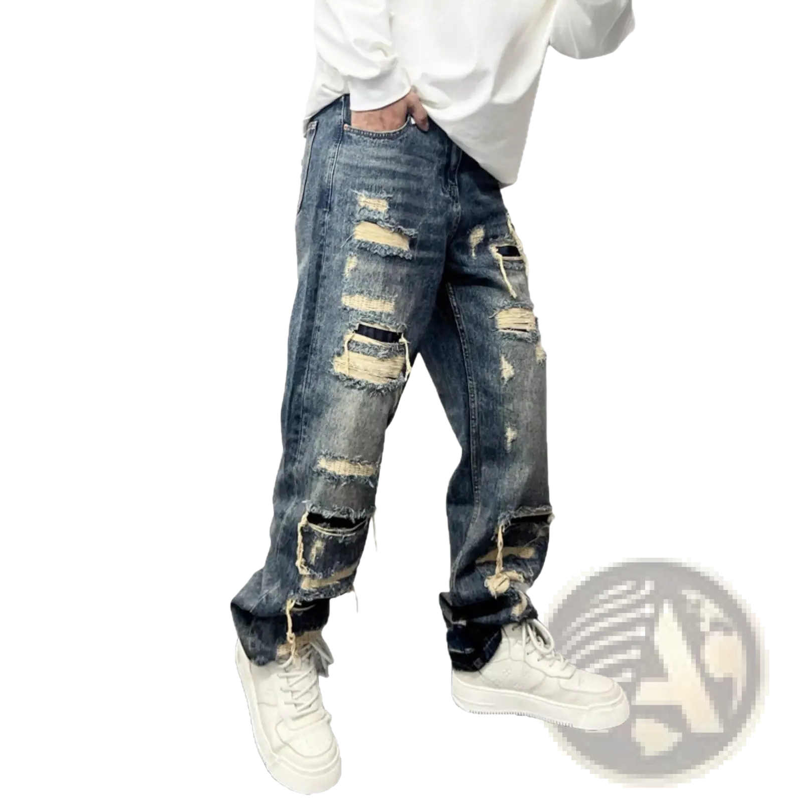 Men's Light Blue Distressed Ripped Patch Denim Jeans ARBA Global