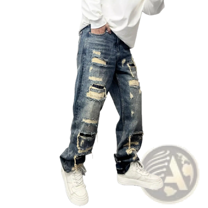 Men's Light Blue Distressed Ripped Patch Denim Jeans ARBA Global