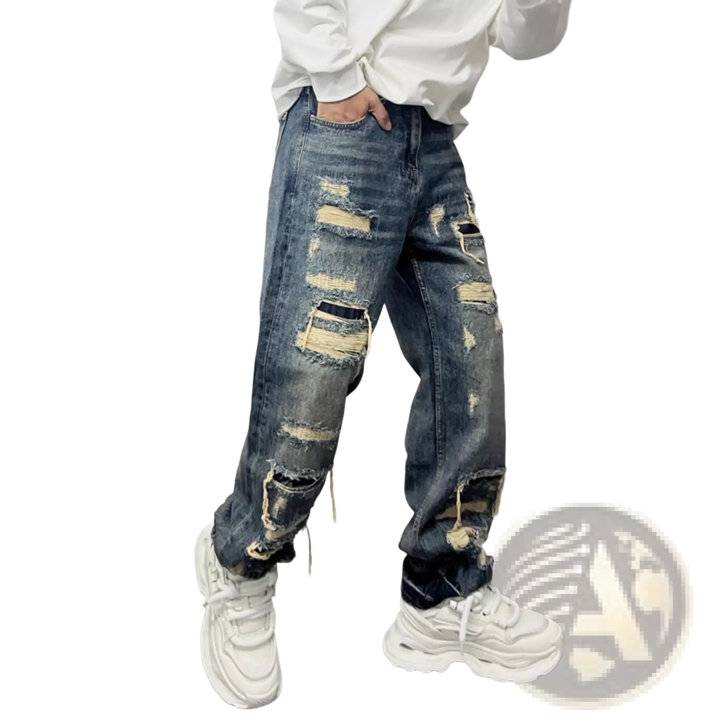Men's Light Blue Distressed Ripped Patch Denim Jeans ARBA Global